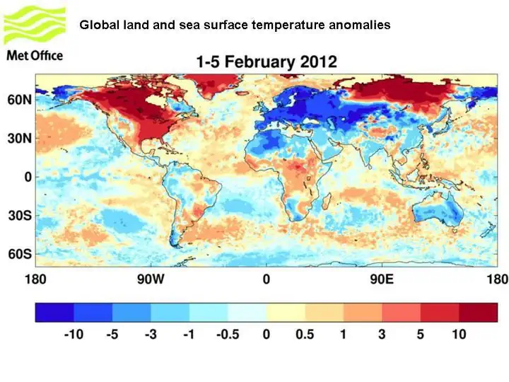 Anomalies mondiales de température du 1er au 5 février 2012